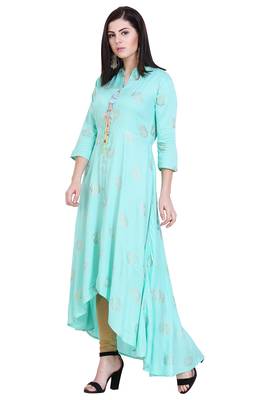 Turquoise printed cotton kurtas-and-kurtis 4