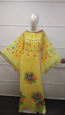 Yellow Zari Work Chiffon Polyester Islamic Party Wear Festive Kaftan 1