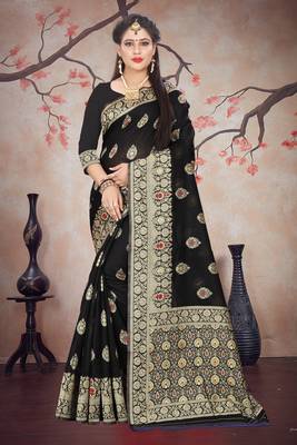 Black woven cotton silk saree with blouse 1