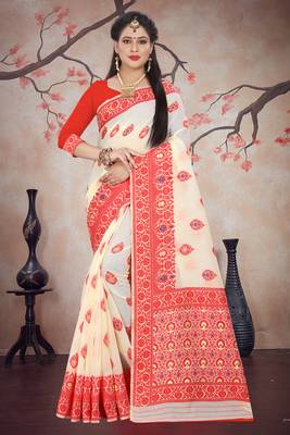Red woven cotton silk saree with blouse 1