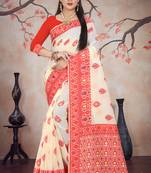 Red woven cotton silk saree with blouse