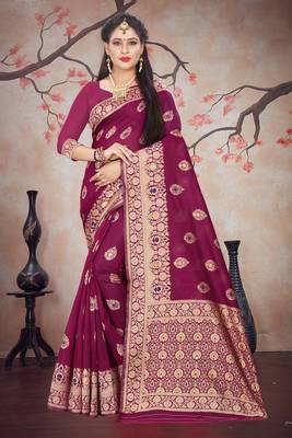 Wine woven cotton silk saree with blouse 1