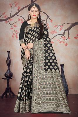 Black woven cotton silk saree with blouse 1