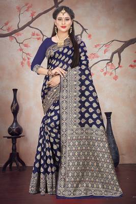 Navy blue woven cotton silk saree with blouse 1