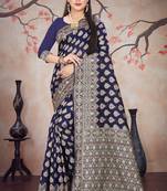 Navy blue woven cotton silk saree with blouse