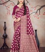 Wine woven cotton silk saree with blouse