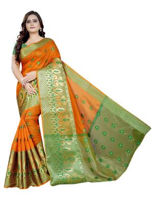 Orange woven cotton poly saree with blouse 1