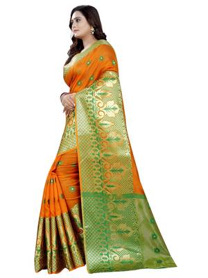 Orange woven cotton poly saree with blouse 2