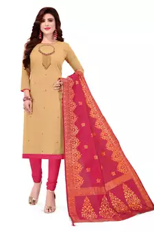 Beige Embroidered Cotton Salwar
