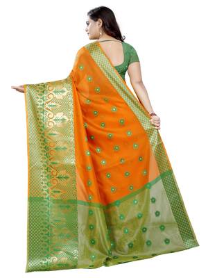 Orange woven cotton poly saree with blouse 3