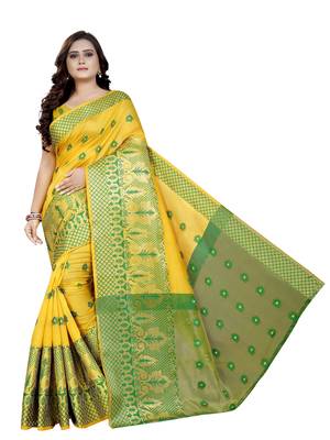 Yellow woven cotton poly saree with blouse 1
