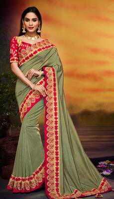 Olive embroidered satin saree with blouse 1