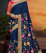 Blue embroidered satin saree with blouse