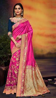 Rani pink embroidered satin saree with blouse 1