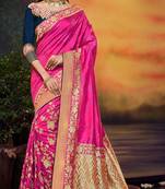 Rani pink embroidered satin saree with blouse