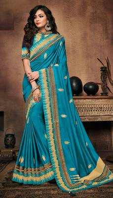 Aqua blue embroidered satin saree with blouse 1