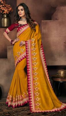 Mustard embroidered satin saree with blouse 1