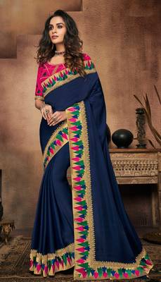 Blue embroidered satin saree with blouse 1