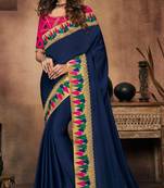 Blue embroidered satin saree with blouse