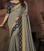 Grey embroidered satin saree with blouse