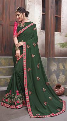 Dark green embroidered georgette saree with blouse 1