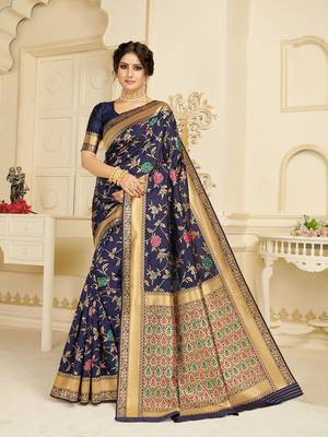 Navy blue woven silk blend saree with blouse 1