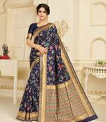 Navy blue woven silk blend saree with blouse