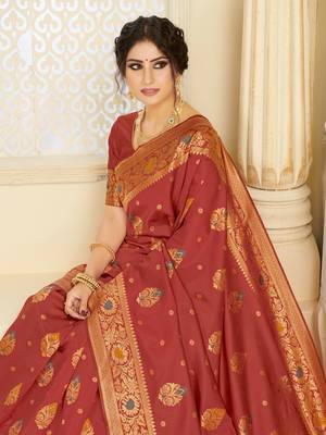 Maroon woven silk blend saree with blouse 2