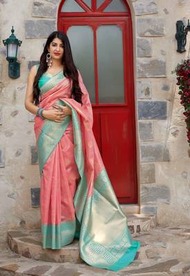 Peach woven banarasi silk saree with blouse 1