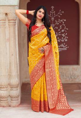 Yellow woven banarasi silk saree with blouse 1