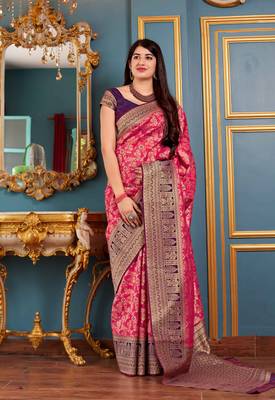 Rani Pink Woven Banarasi Silk Saree With Blouse 1