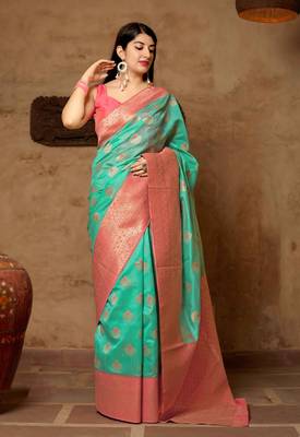 Sea Green Woven Banarasi Silk Saree With Blouse 1