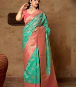 Sea Green Woven Banarasi Silk Saree With Blouse