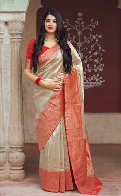 Cream woven banarasi silk saree with blouse 1