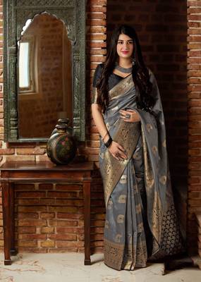 Grey woven banarasi silk saree with blouse 1
