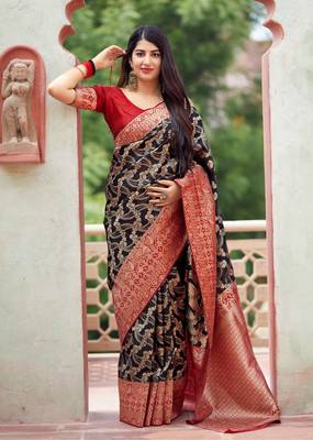 Black woven banarasi silk saree with blouse 1