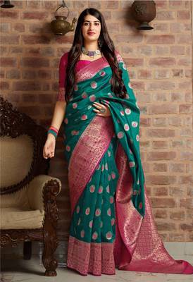 Dark teal woven banarasi silk saree with blouse 1