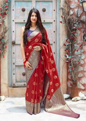 Red woven banarasi silk saree with blouse 1