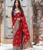 Red woven banarasi silk saree with blouse