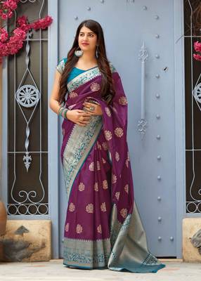 Purple woven banarasi silk saree with blouse 1