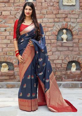 Blue woven banarasi silk saree with blouse 1