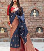 Blue woven banarasi silk saree with blouse