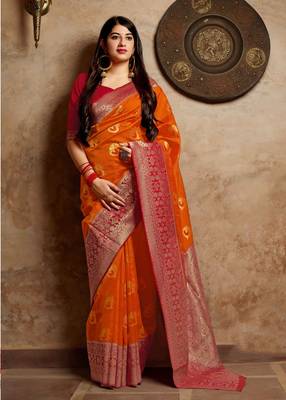Orange woven banarasi silk saree with blouse 1
