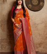 Orange woven banarasi silk saree with blouse