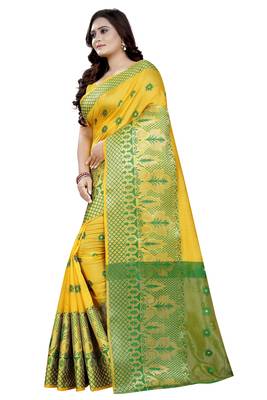 Yellow woven cotton poly saree with blouse 2