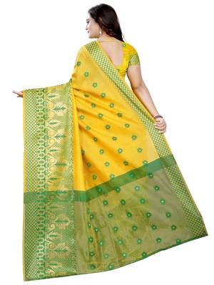 Yellow woven cotton poly saree with blouse 3