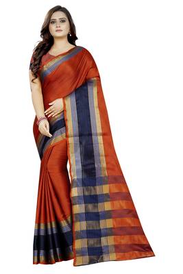 Orange Woven Cotton Poly Saree With Blouse 1