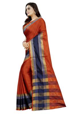 Orange Woven Cotton Poly Saree With Blouse 2