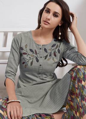 Grey Embroidered Cotton Ethnic Kurtis 2