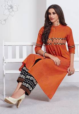 Orange Embroidered Cotton Ethnic-Kurtis 4